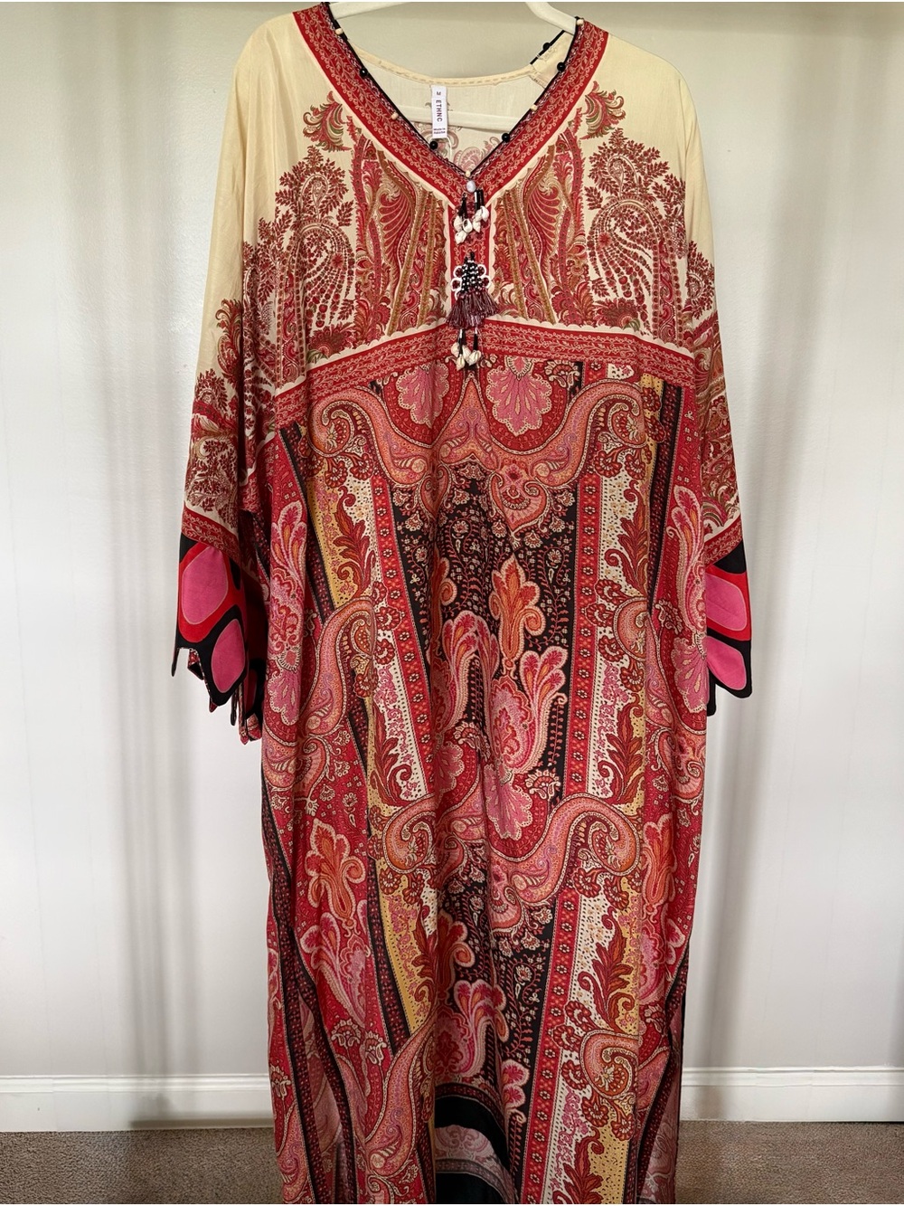 Ethnc Maxi Kaftan - Tassel V-Neck Paisley Print - Size M - NWOT